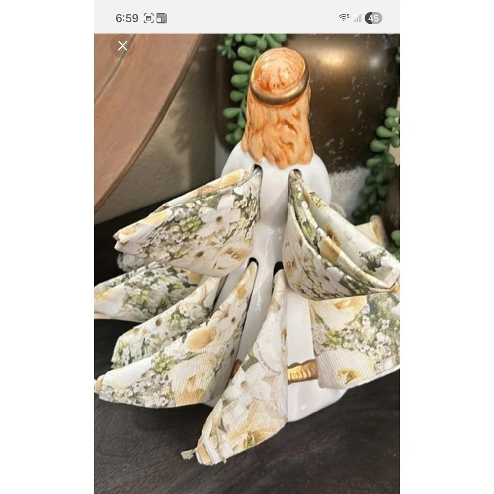 Vintage Ceramic Lady Napkin Holder Figurine White Gold Trim Mid Century Kitsch